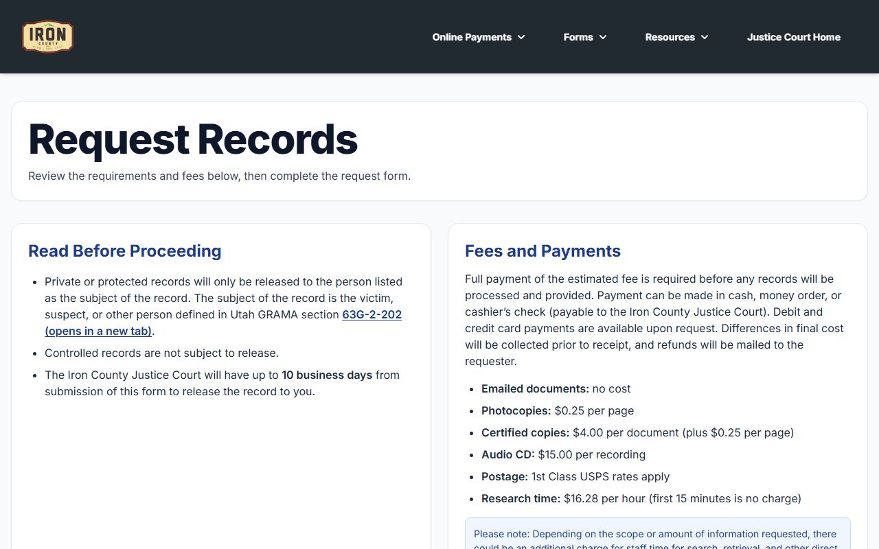 Iron County Justice Court civil court records request records