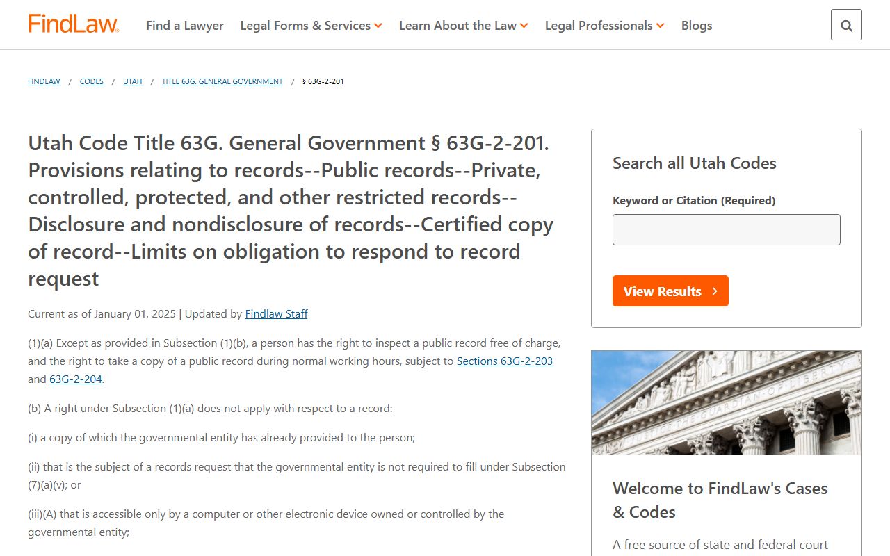 Utah Code Title 63G GRAMA public records statute for civil court records